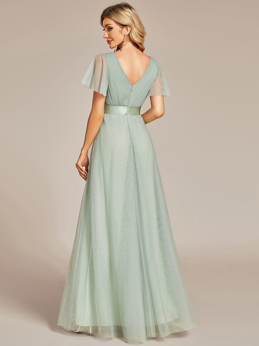 Elegant Flutter Sleeve Double V-Neck Tulle Bridesmaid Gown