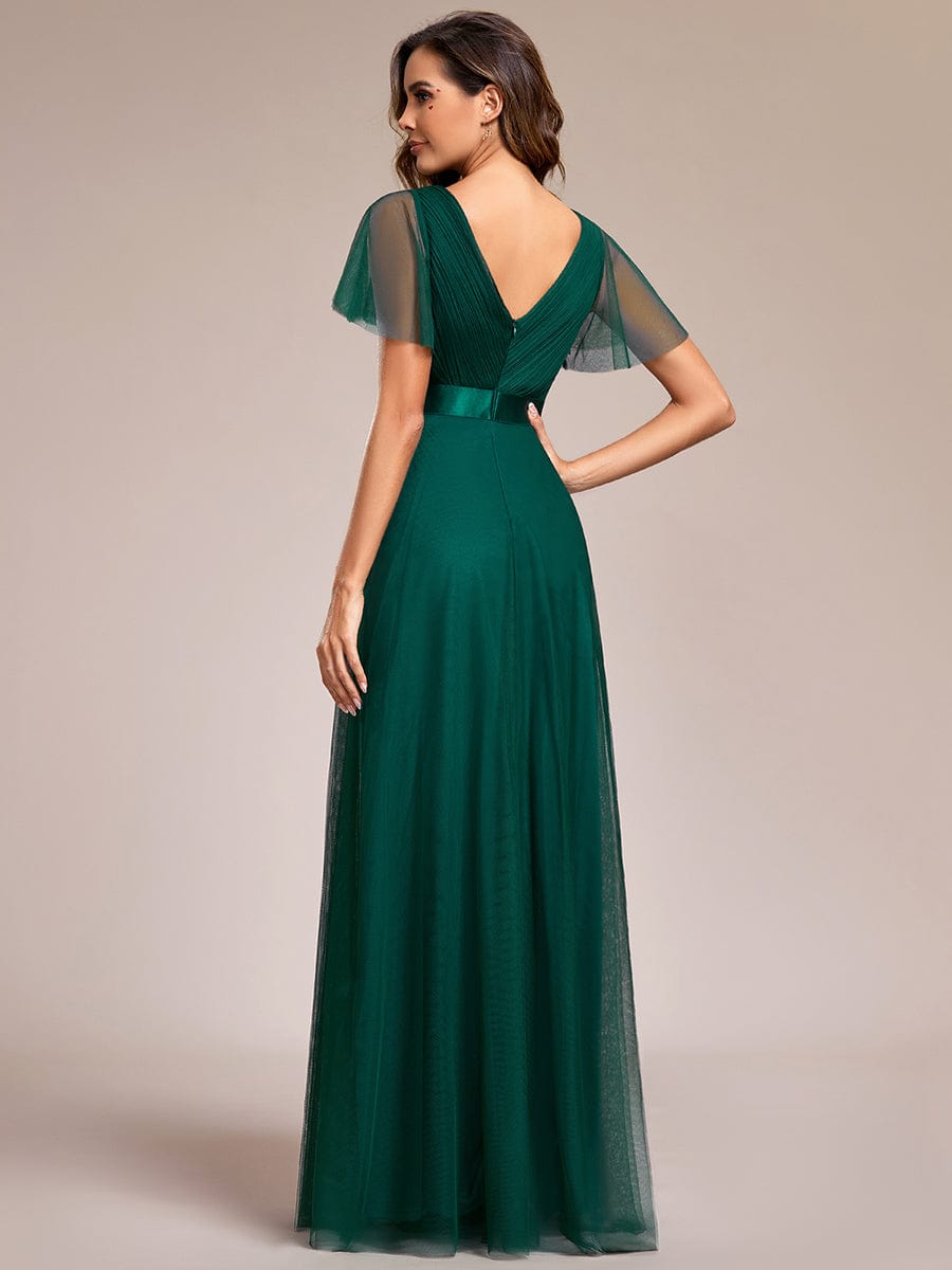 Elegant Flutter Sleeve Double V-Neck Tulle Bridesmaid Gown