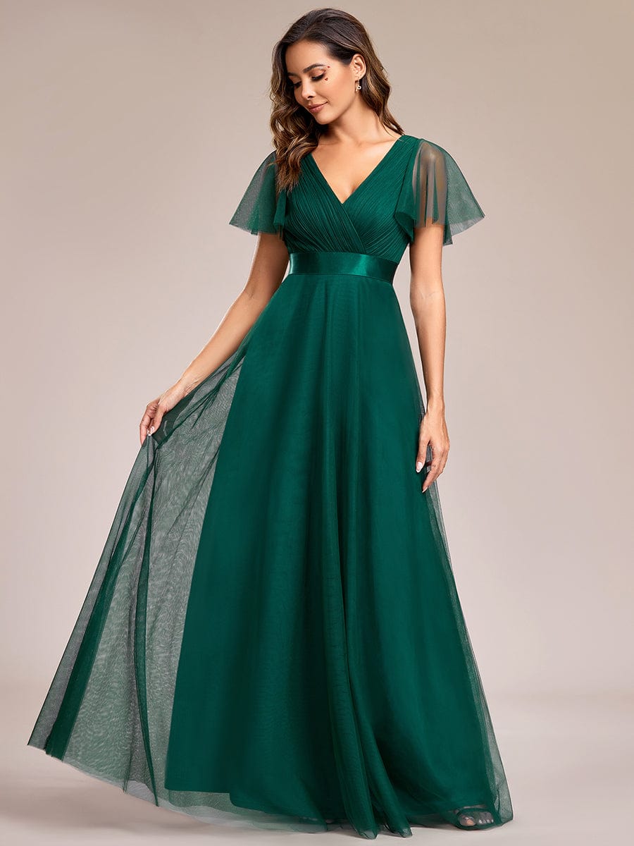 Elegant Flutter Sleeve Double V-Neck Tulle Bridesmaid Gown