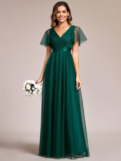 Elegant Flutter Sleeve Double V-Neck Tulle Bridesmaid Gown