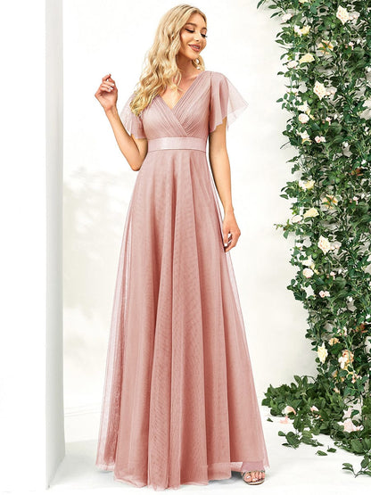 Elegant Flutter Sleeve Double V-Neck Tulle Bridesmaid Gown