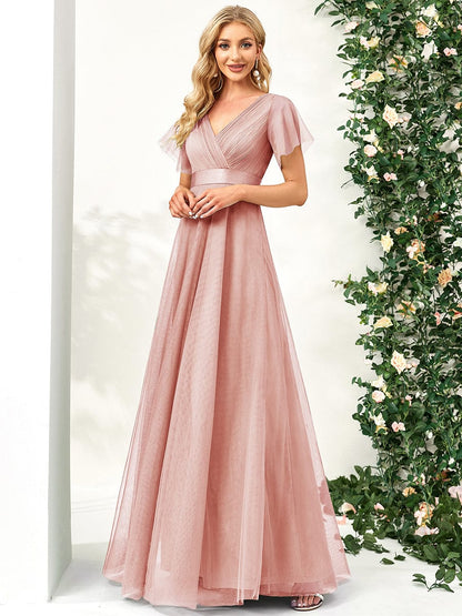 Elegant Flutter Sleeve Double V-Neck Tulle Bridesmaid Gown