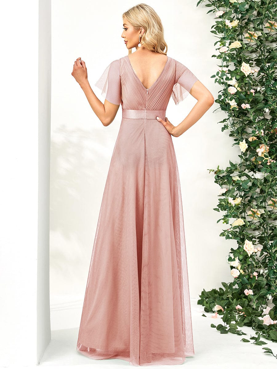 Elegant Flutter Sleeve Double V-Neck Tulle Bridesmaid Gown