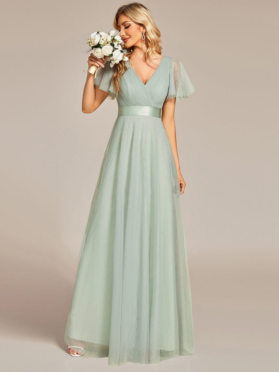 Elegant Flutter Sleeve Double V-Neck Tulle Bridesmaid Gown