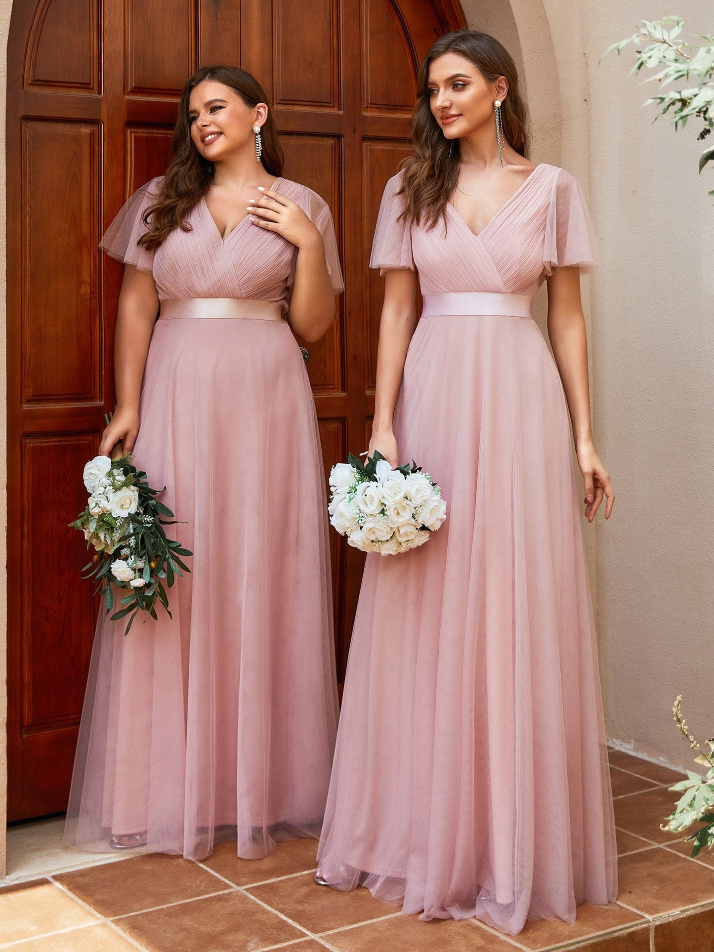 Elegant Flutter Sleeve Double V-Neck Tulle Bridesmaid Gown