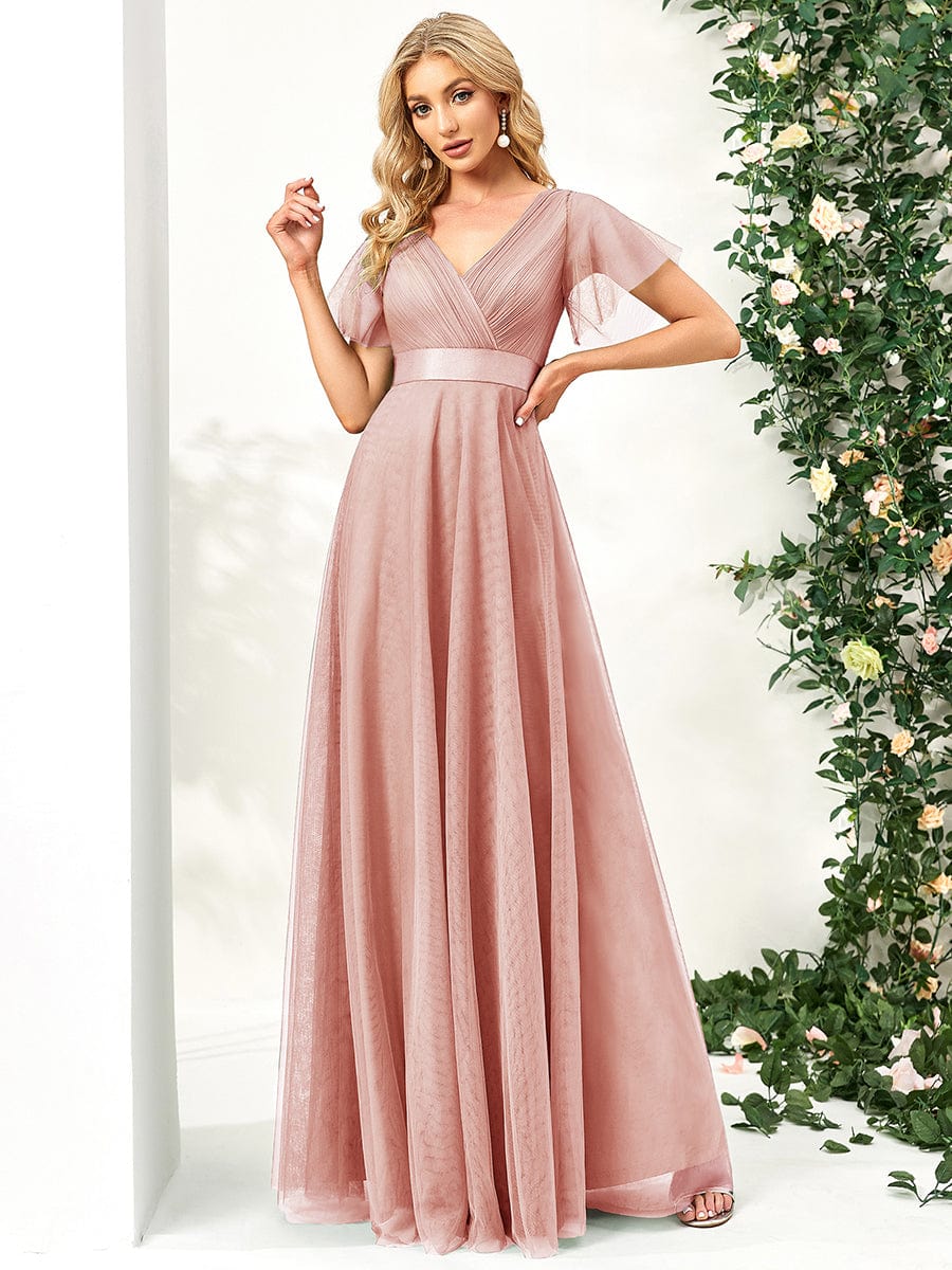 Elegant Flutter Sleeve Double V-Neck Tulle Bridesmaid Gown