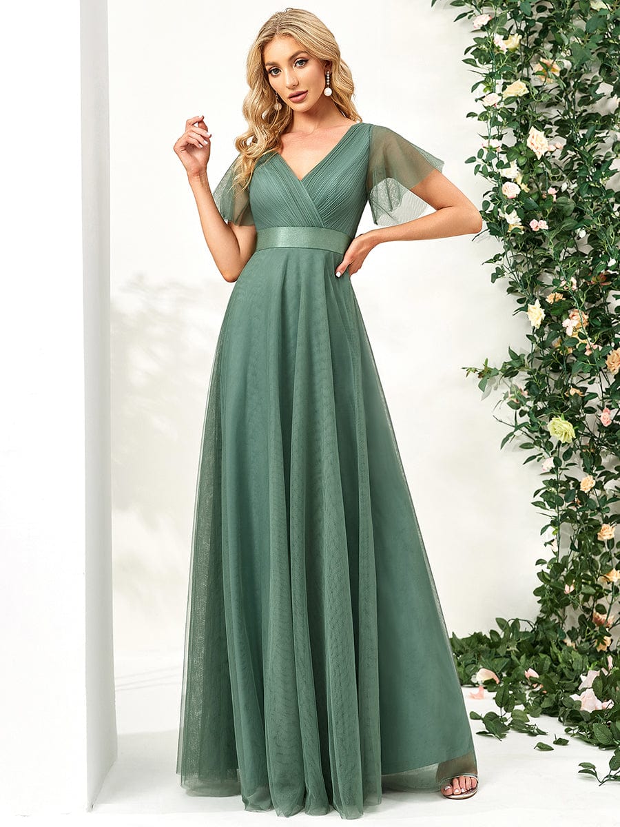 Elegant Flutter Sleeve Double V-Neck Tulle Bridesmaid Gown