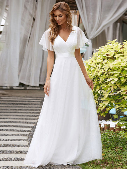 Elegant Flutter Sleeve Double V-Neck Tulle Bridesmaid Gown