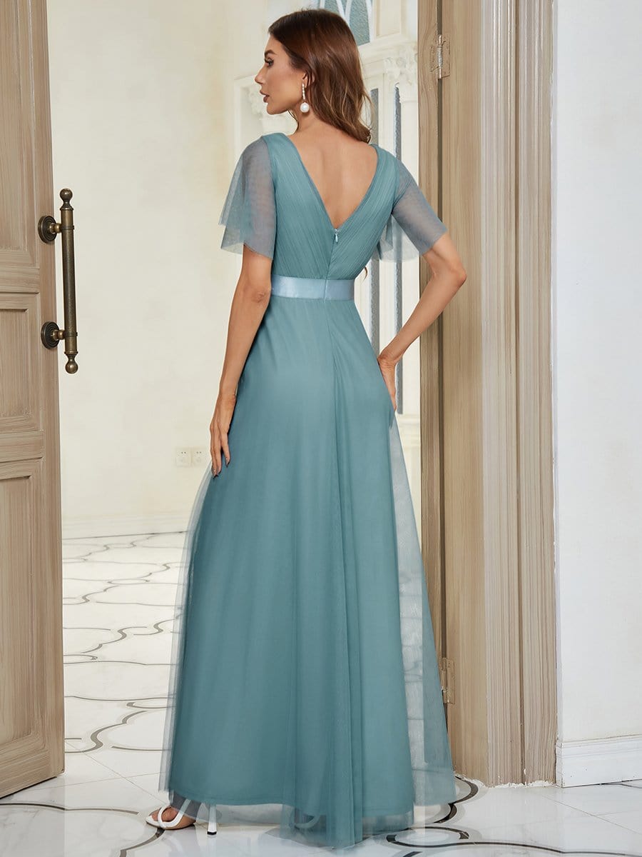 Elegant Flutter Sleeve Double V-Neck Tulle Bridesmaid Gown