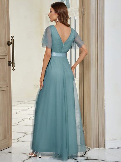 Elegant Flutter Sleeve Double V-Neck Tulle Bridesmaid Gown