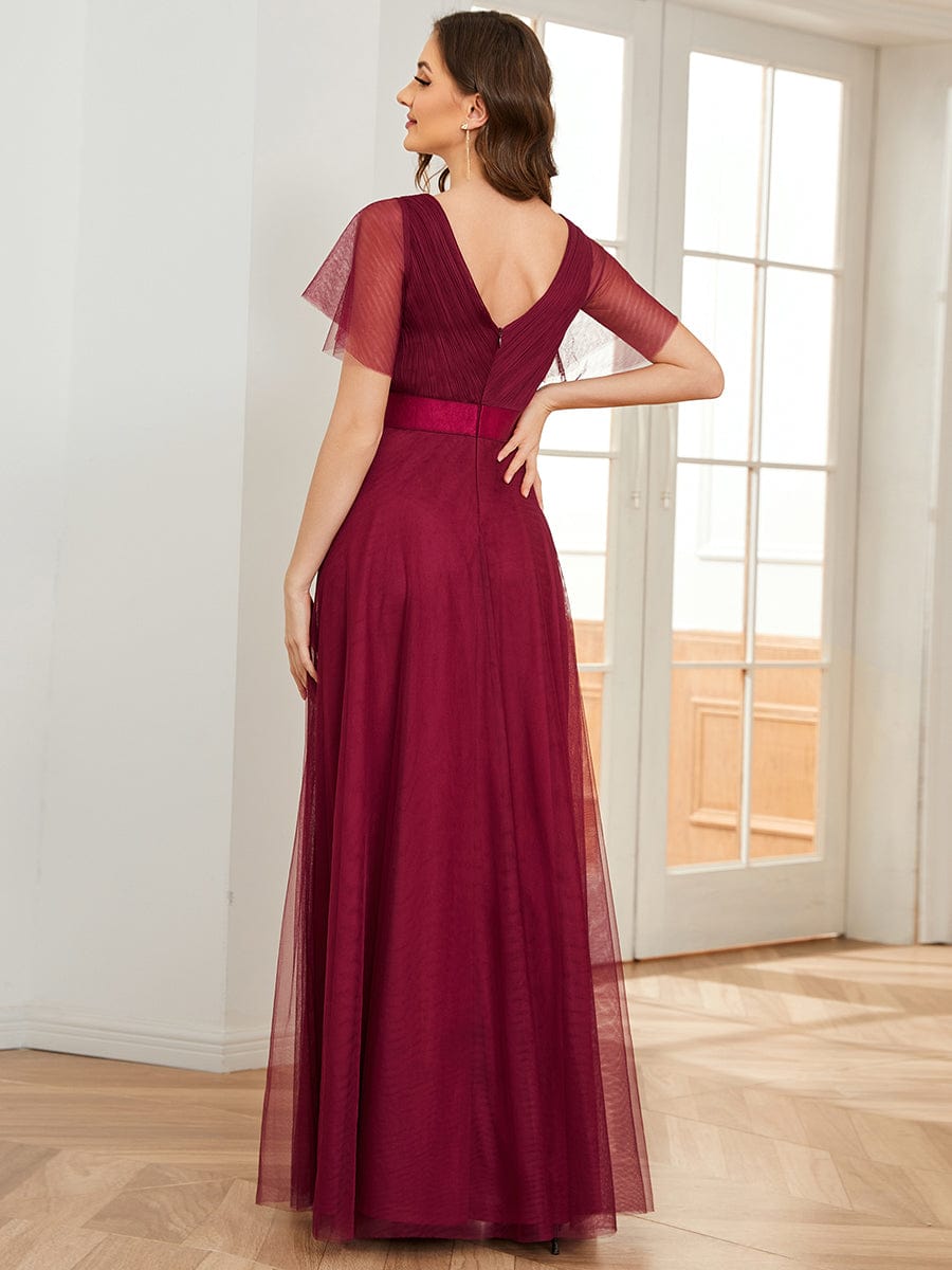 Elegant Flutter Sleeve Double V-Neck Tulle Bridesmaid Gown