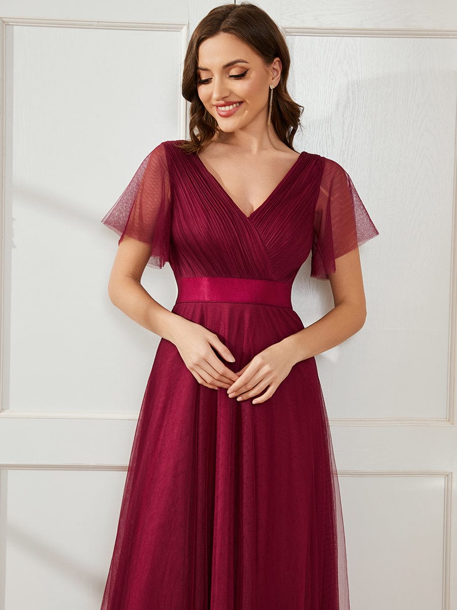 Elegant Flutter Sleeve Double V-Neck Tulle Bridesmaid Gown