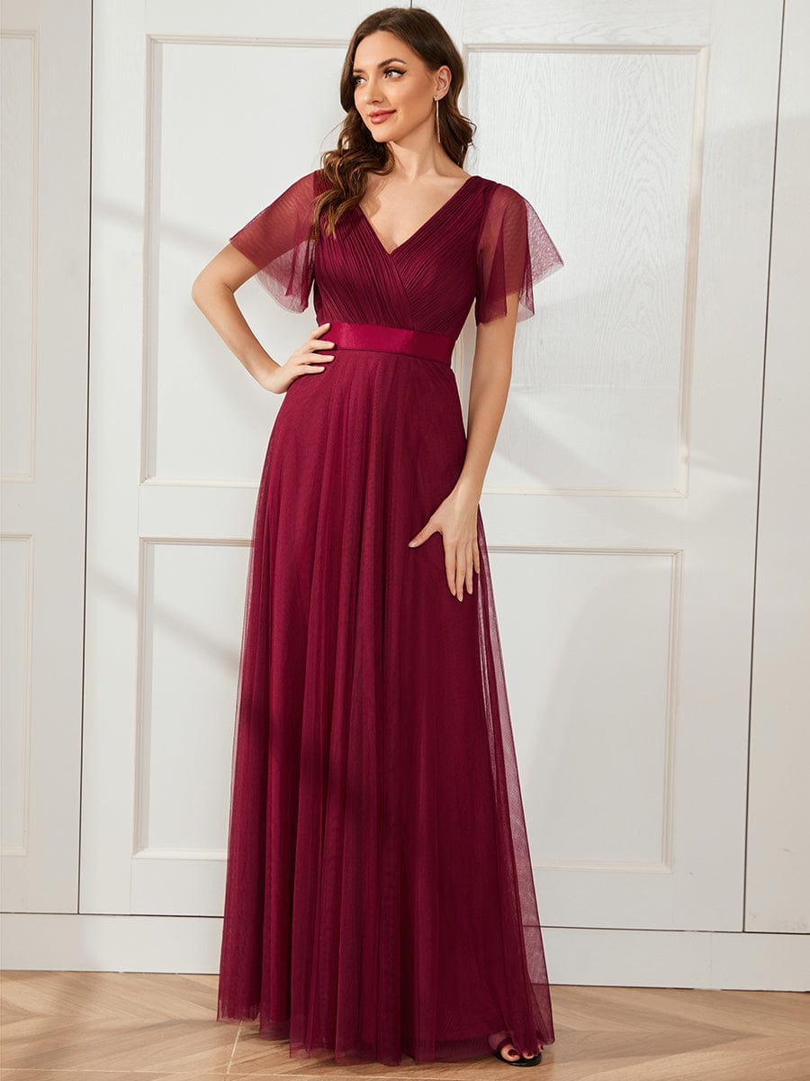 Elegant Flutter Sleeve Double V-Neck Tulle Bridesmaid Gown