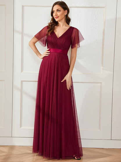 Elegant Flutter Sleeve Double V-Neck Tulle Bridesmaid Gown