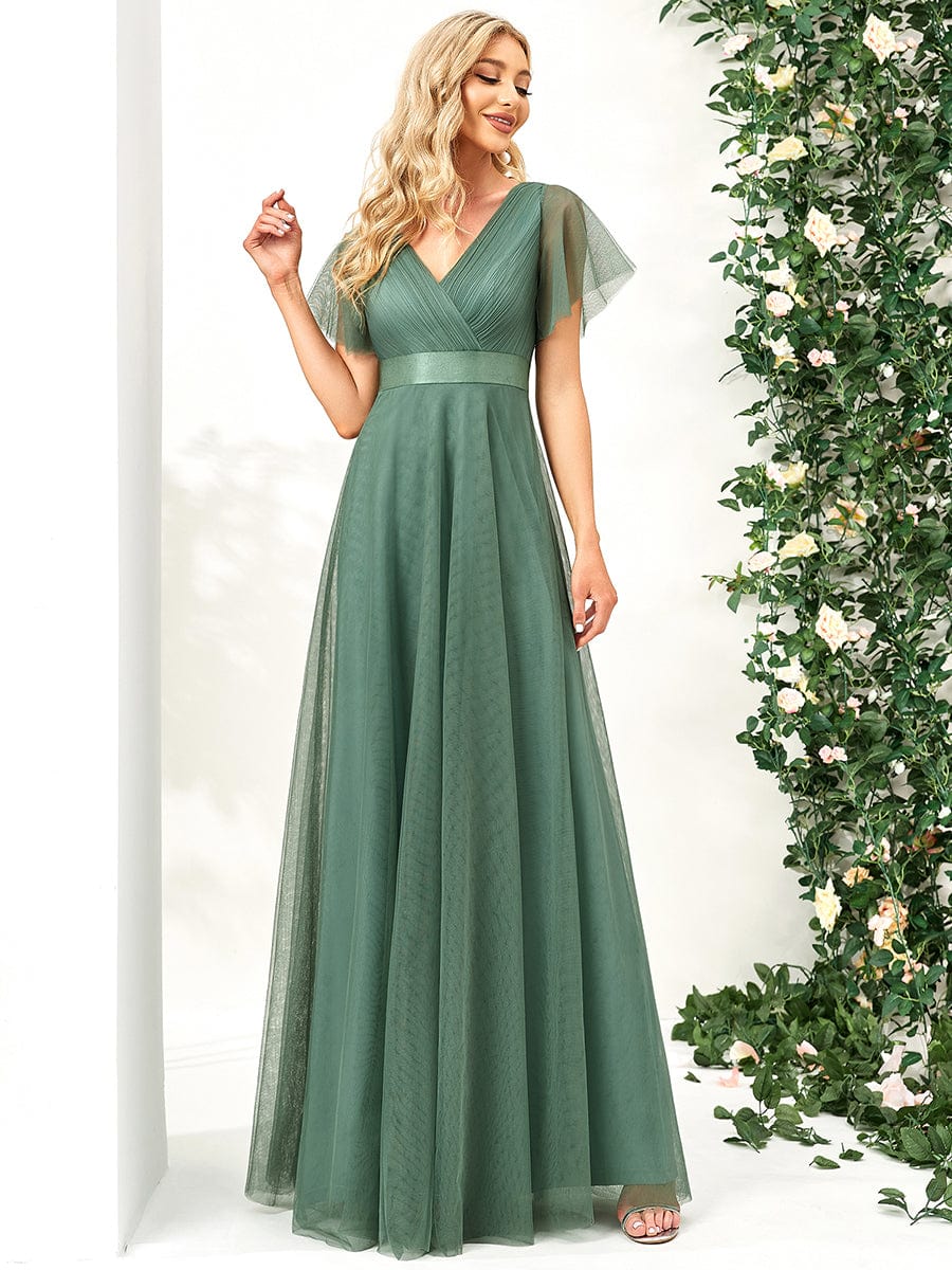 Elegant Flutter Sleeve Double V-Neck Tulle Bridesmaid Gown