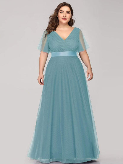 Elegant Flutter Sleeve Double V-Neck Tulle Bridesmaid Gown