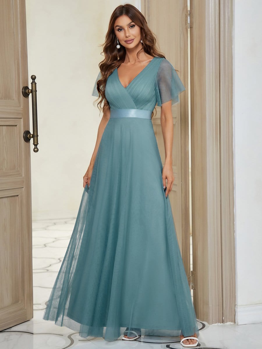 Elegant Flutter Sleeve Double V-Neck Tulle Bridesmaid Gown