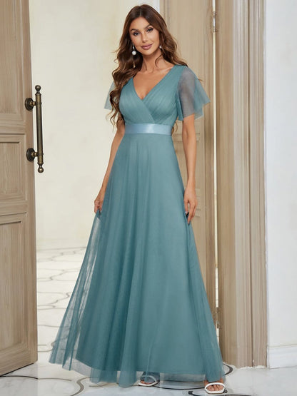 Elegant Flutter Sleeve Double V-Neck Tulle Bridesmaid Gown