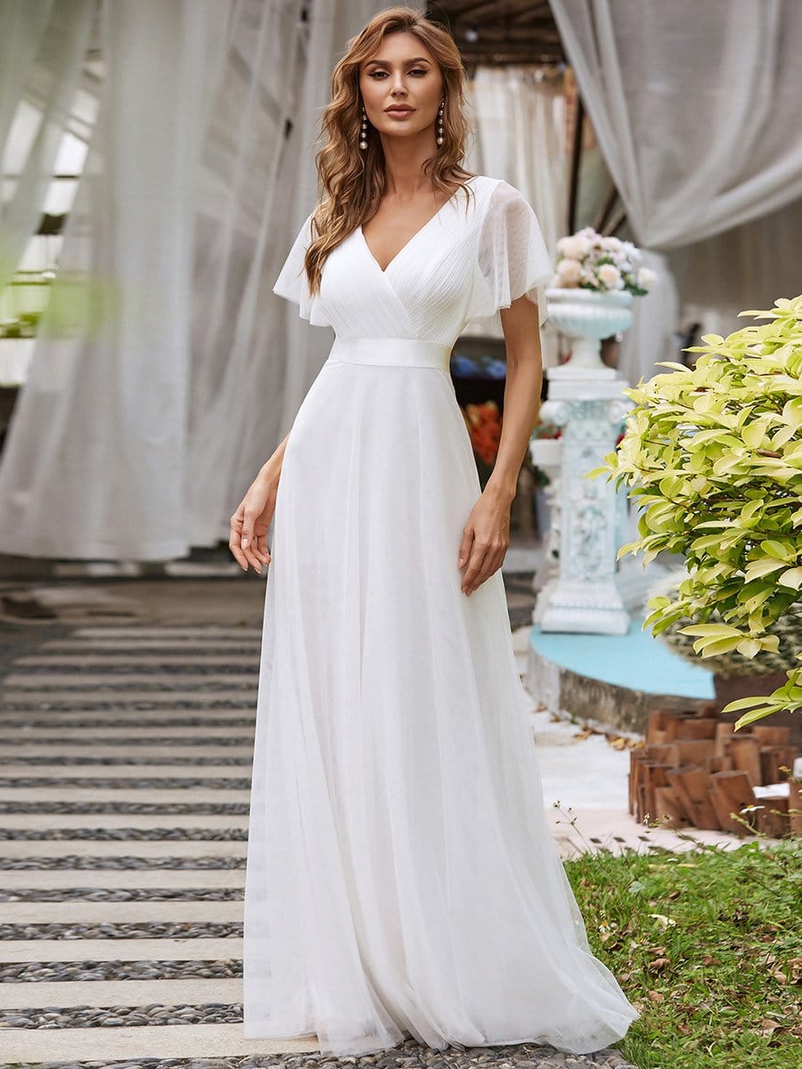 Elegant Flutter Sleeve Double V-Neck Tulle Bridesmaid Gown