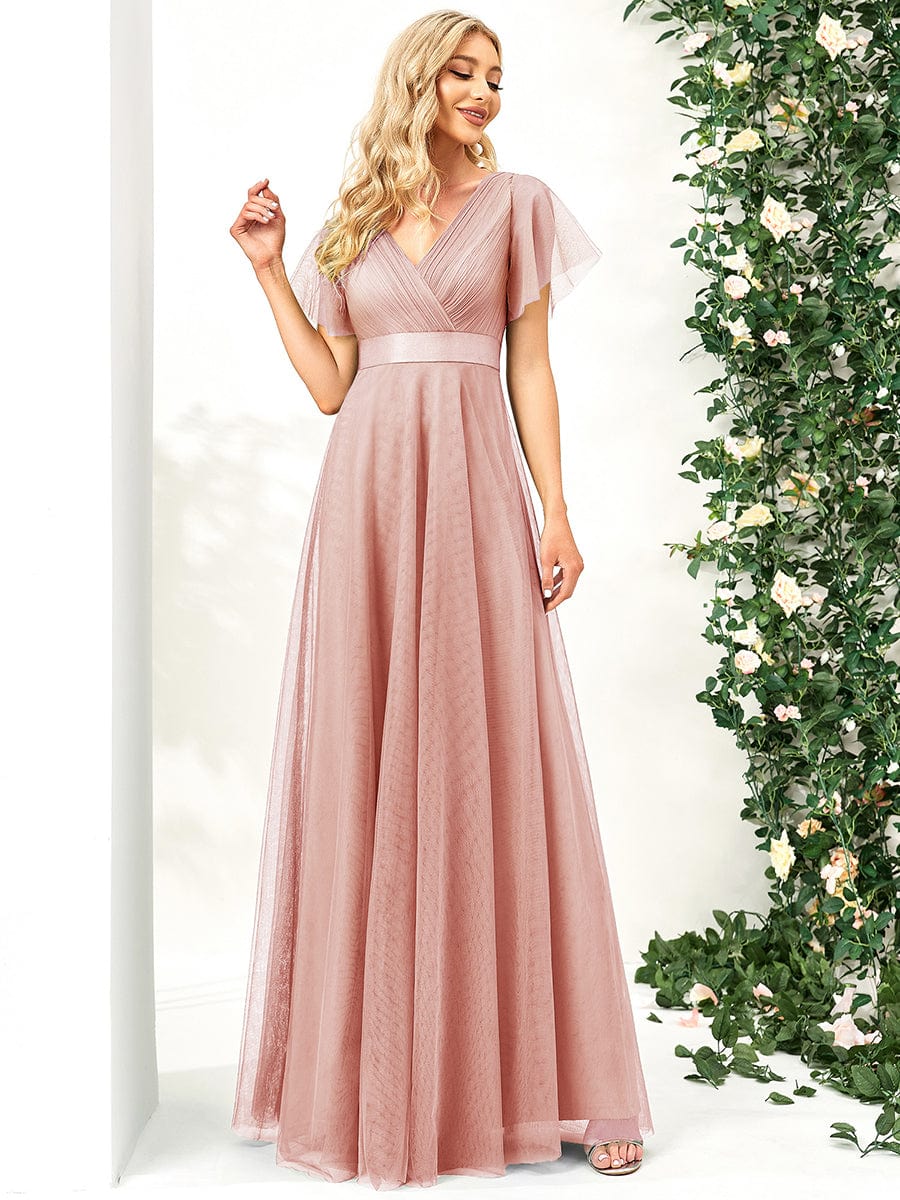 Elegant Flutter Sleeve Double V-Neck Tulle Bridesmaid Gown
