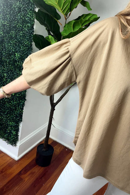 Elegant French Beige Lantern Sleeve Drop Shoulder Cotton Blouse