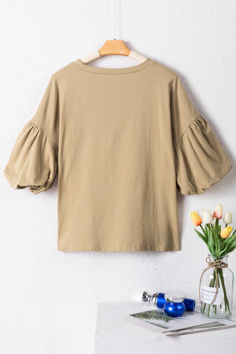 Elegant French Beige Lantern Sleeve Drop Shoulder Cotton Blouse