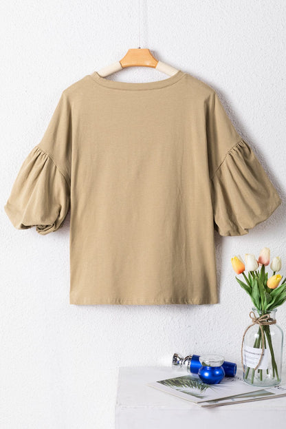 Elegant French Beige Lantern Sleeve Drop Shoulder Cotton Blouse