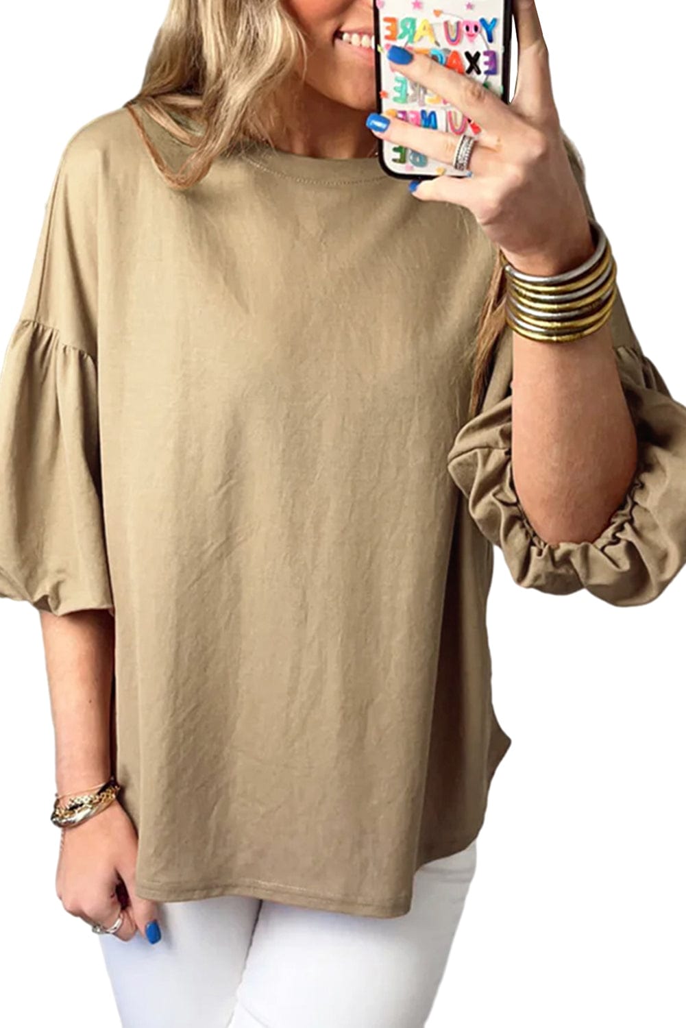 Elegant French Beige Lantern Sleeve Drop Shoulder Cotton Blouse