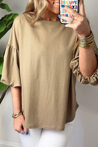 Elegant French Beige Lantern Sleeve Drop Shoulder Cotton Blouse