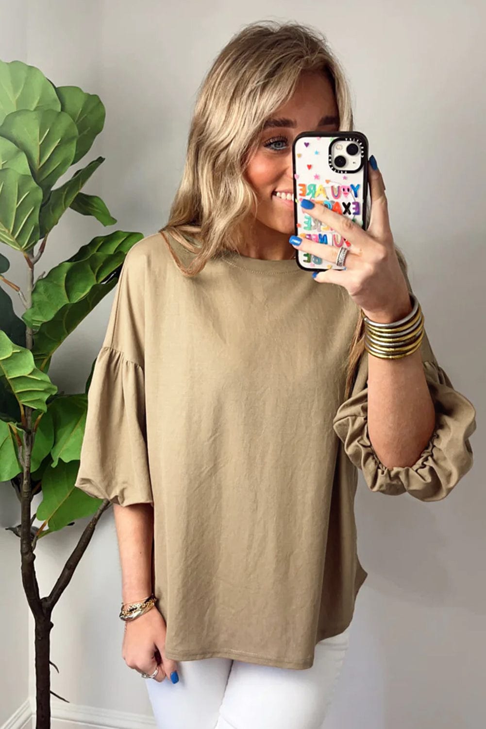 Elegant French Beige Lantern Sleeve Drop Shoulder Cotton Blouse