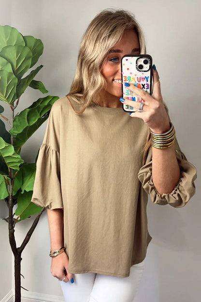 Elegant French Beige Lantern Sleeve Drop Shoulder Cotton Blouse
