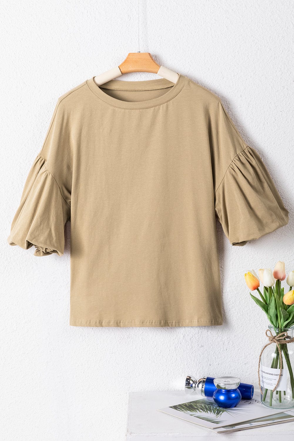 Elegant French Beige Lantern Sleeve Drop Shoulder Cotton Blouse