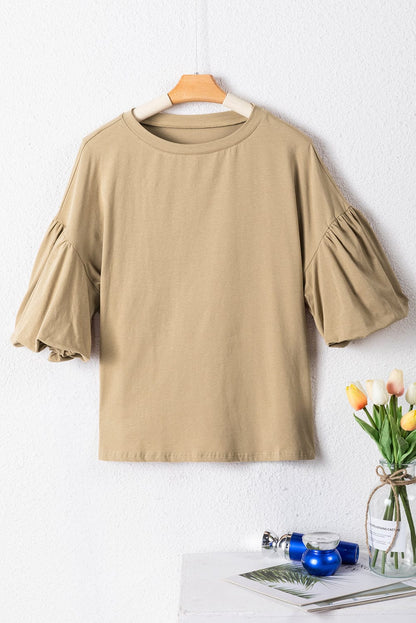 Elegant French Beige Lantern Sleeve Drop Shoulder Cotton Blouse