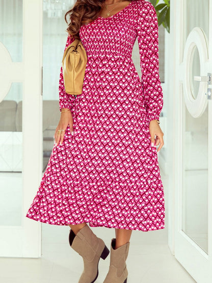 Elegant Geometric Print Smocked V Neck Maxi Dress