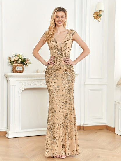 Elegant Glam Sequined Sleeveless Ankle Length Bodycon Party Dress