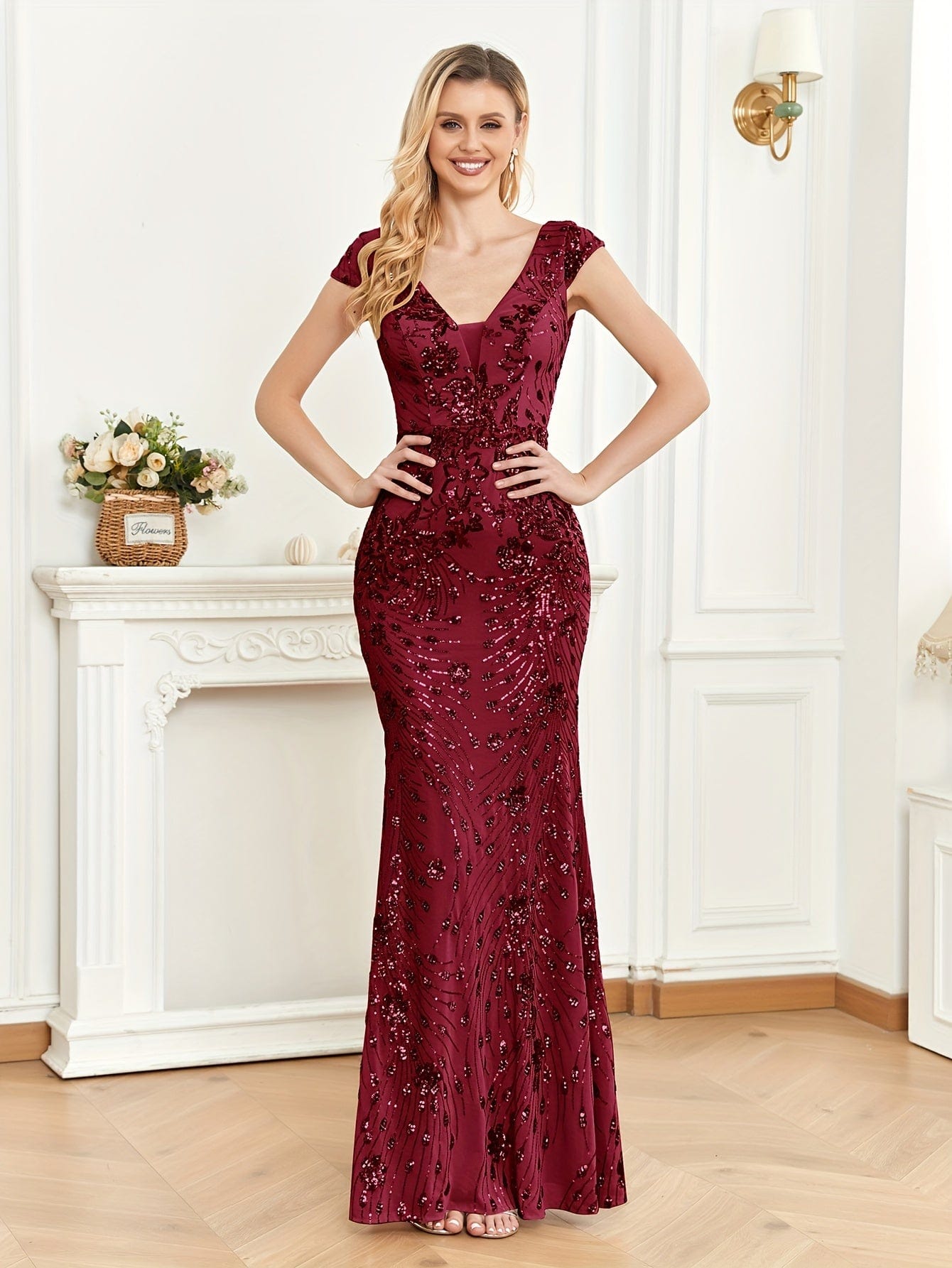 Elegant Glam Sequined Sleeveless Ankle Length Bodycon Party Dress