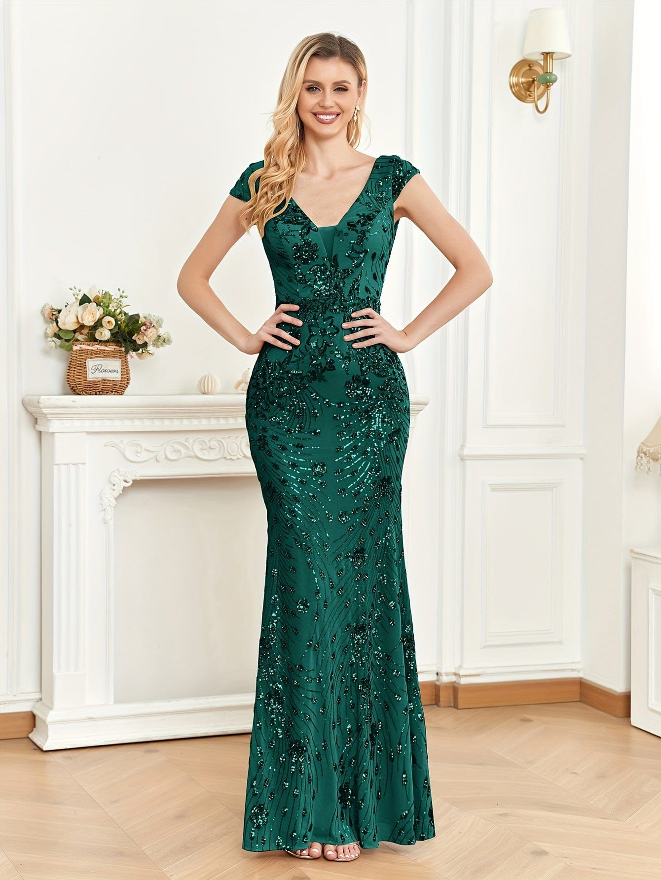 Elegant Glam Sequined Sleeveless Ankle Length Bodycon Party Dress