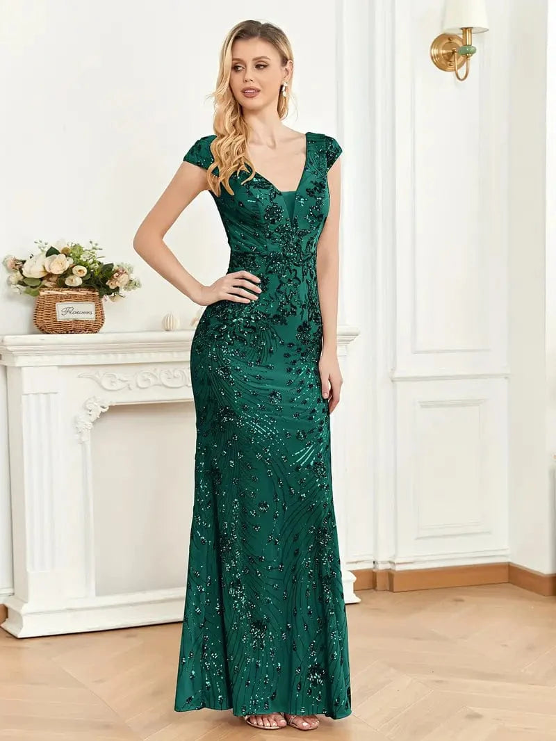 Elegant Glam Sequined Sleeveless Ankle Length Bodycon Party Dress