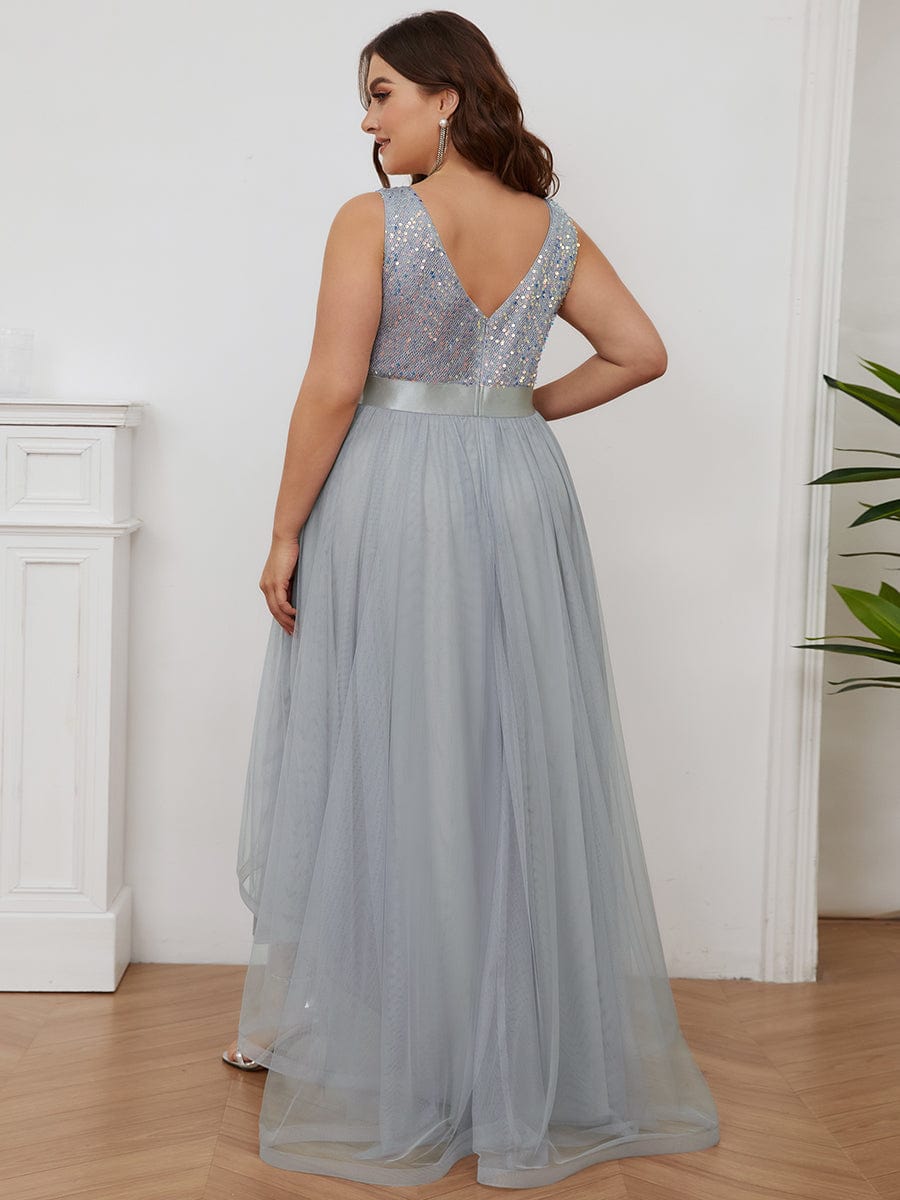 Elegant Glittery Plus Size Evening Dress with Chic Asymmetrical Deep V-Neck Hem