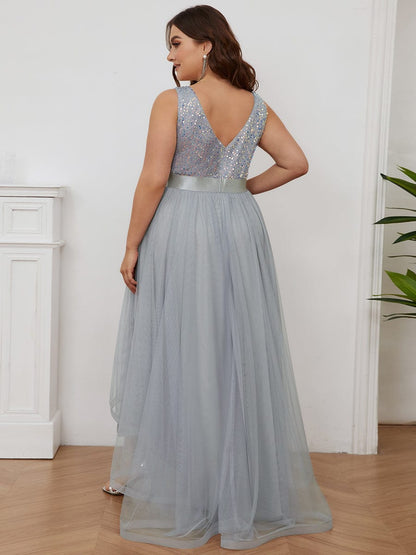 Elegant Glittery Plus Size Evening Dress with Chic Asymmetrical Deep V-Neck Hem