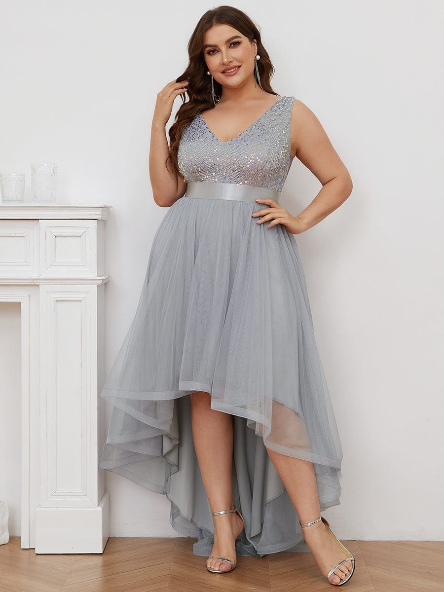Elegant Glittery Plus Size Evening Dress with Chic Asymmetrical Deep V-Neck Hem