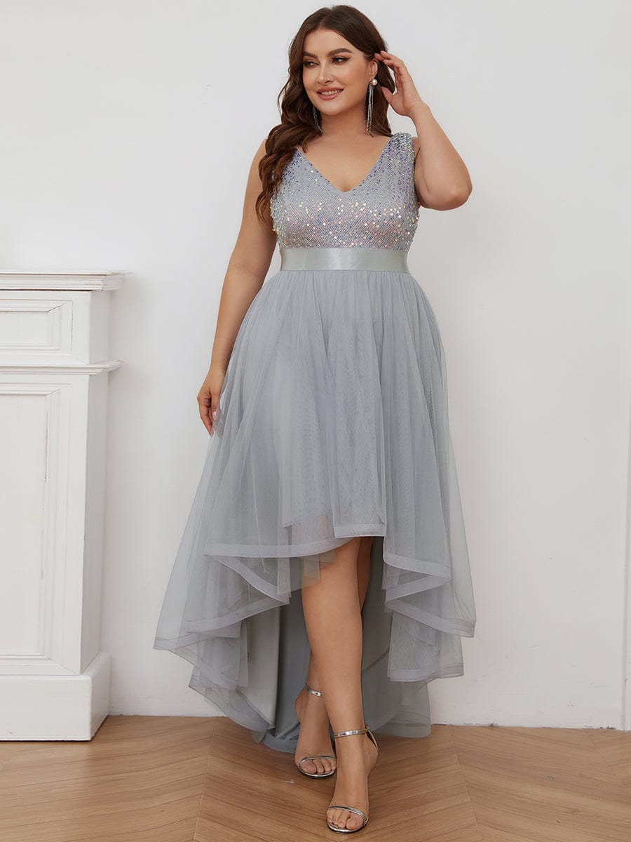 Elegant Glittery Plus Size Evening Dress with Chic Asymmetrical Deep V-Neck Hem