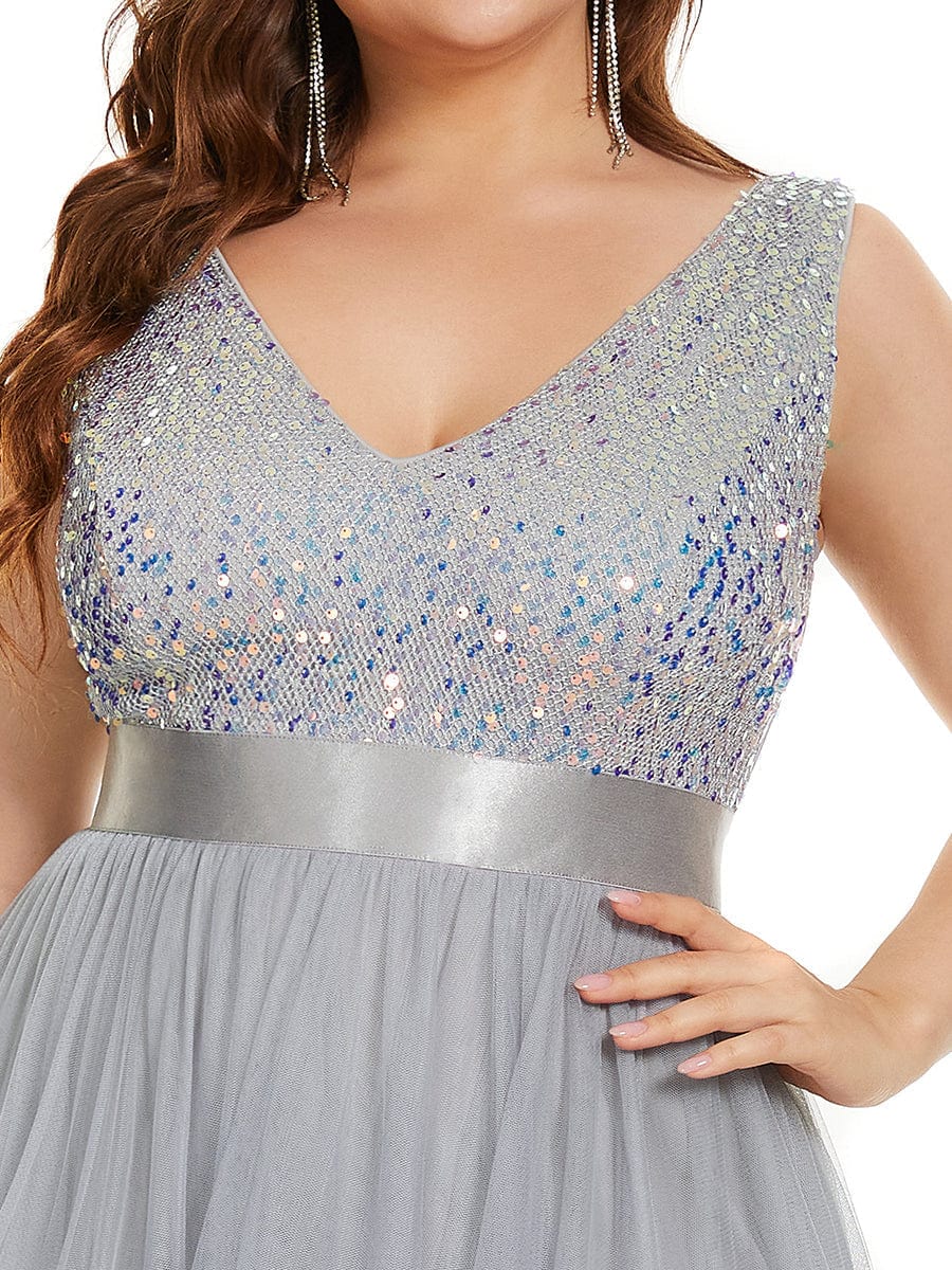 Elegant Glittery Plus Size Evening Dress with Chic Asymmetrical Deep V-Neck Hem