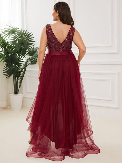 Elegant Glittery Plus Size Evening Dress with Chic Asymmetrical Deep V-Neck Hem