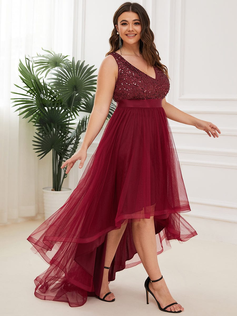 Elegant Glittery Plus Size Evening Dress with Chic Asymmetrical Deep V-Neck Hem