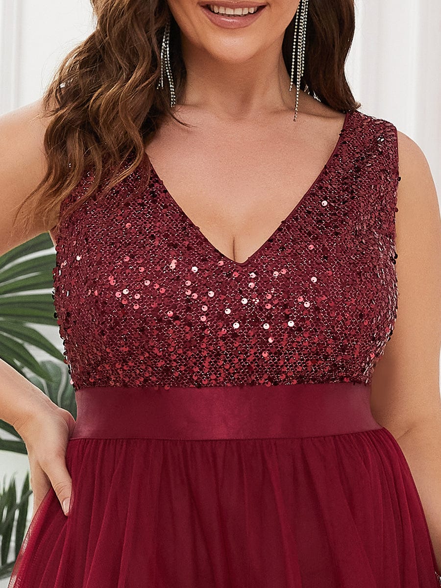 Elegant Glittery Plus Size Evening Dress with Chic Asymmetrical Deep V-Neck Hem