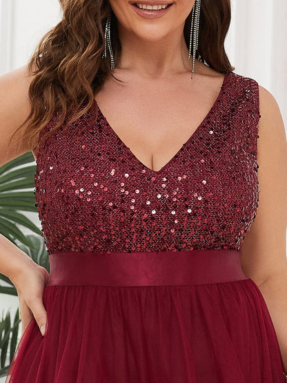 Elegant Glittery Plus Size Evening Dress with Chic Asymmetrical Deep V-Neck Hem