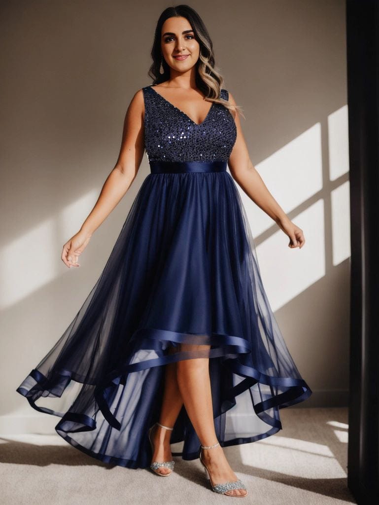 Elegant Glittery Plus Size Evening Dress with Chic Asymmetrical Deep V-Neck Hem