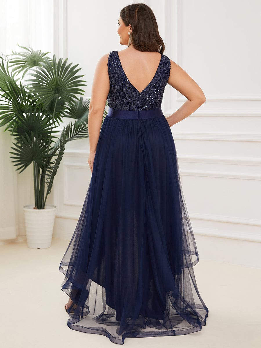 Elegant Glittery Plus Size Evening Dress with Chic Asymmetrical Deep V-Neck Hem