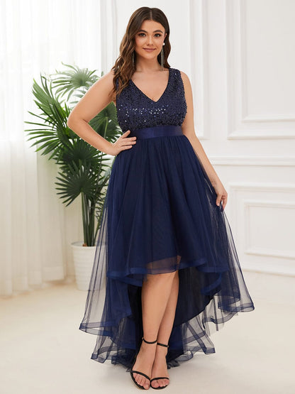 Elegant Glittery Plus Size Evening Dress with Chic Asymmetrical Deep V-Neck Hem
